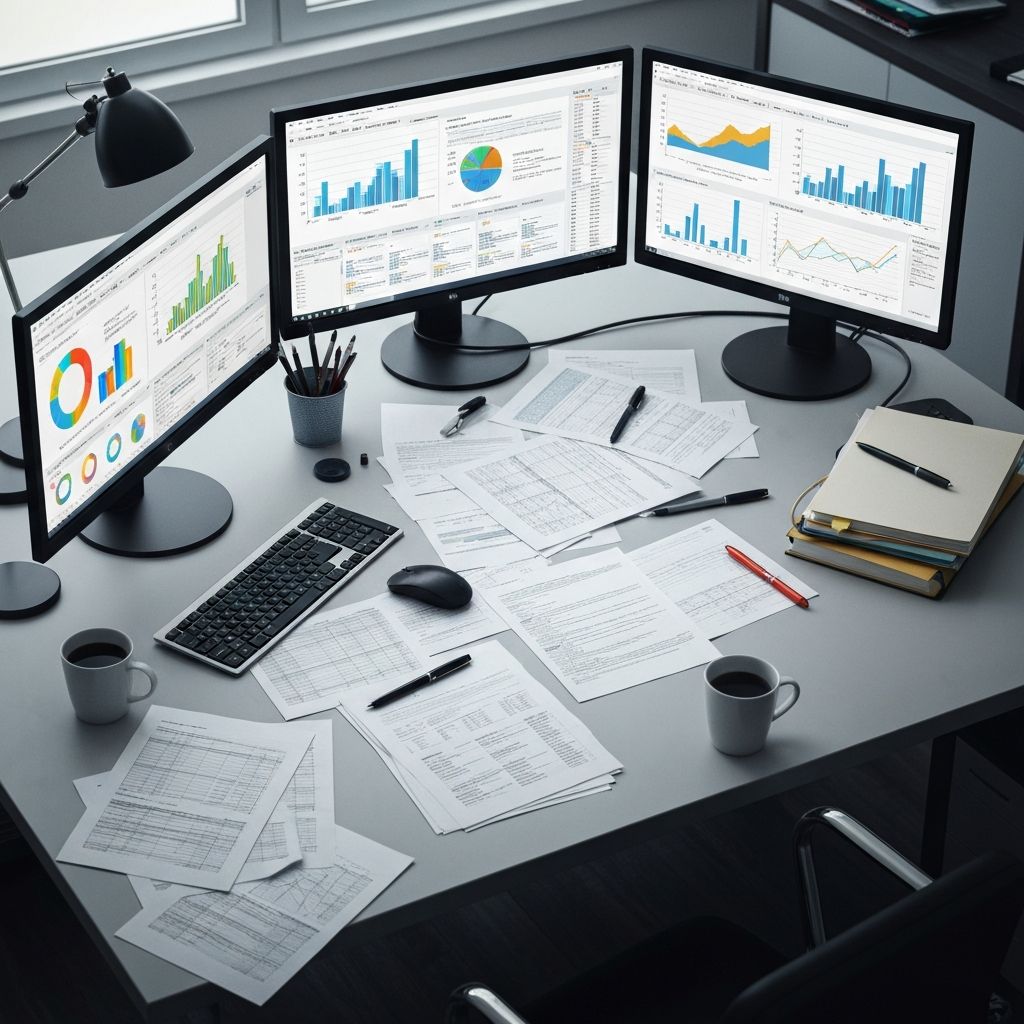 Chaotic workspace with spreadsheets representing manual LP reporting challenges